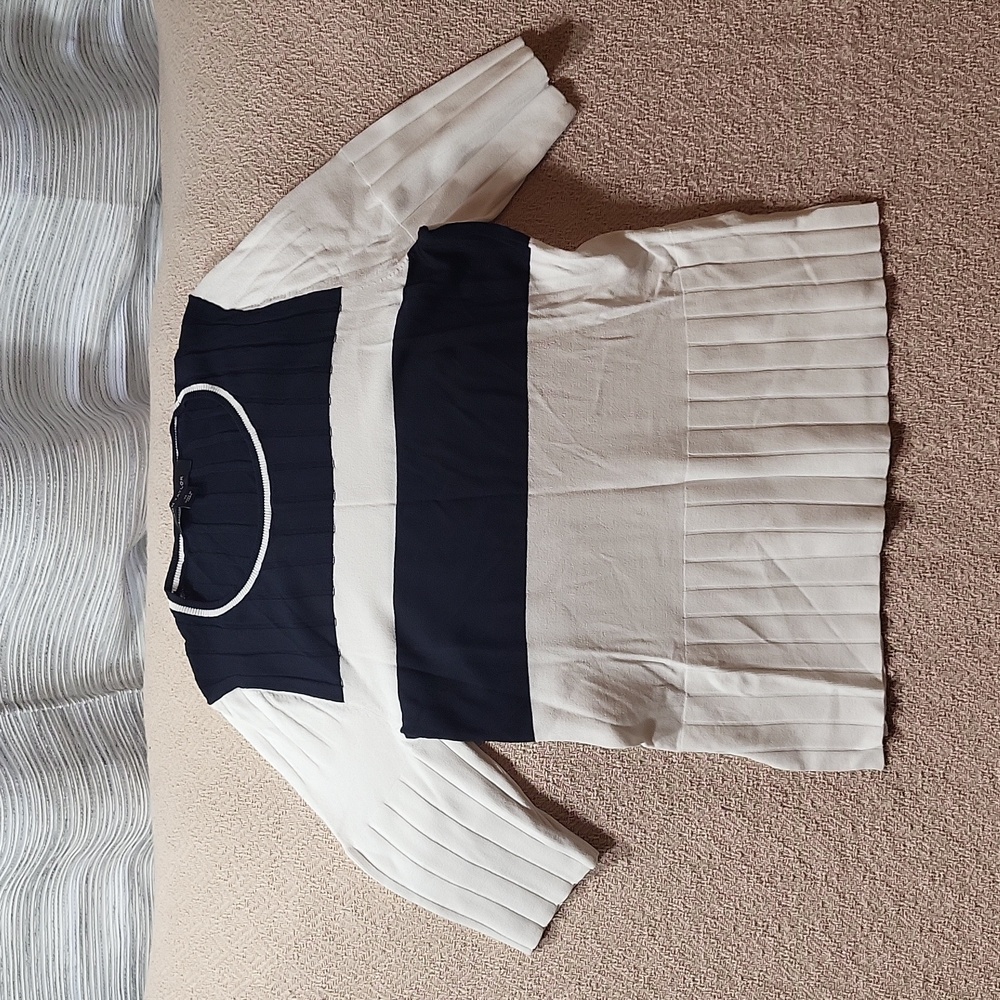 Ann Taylor Navy and White Striped Pleated Knit Top